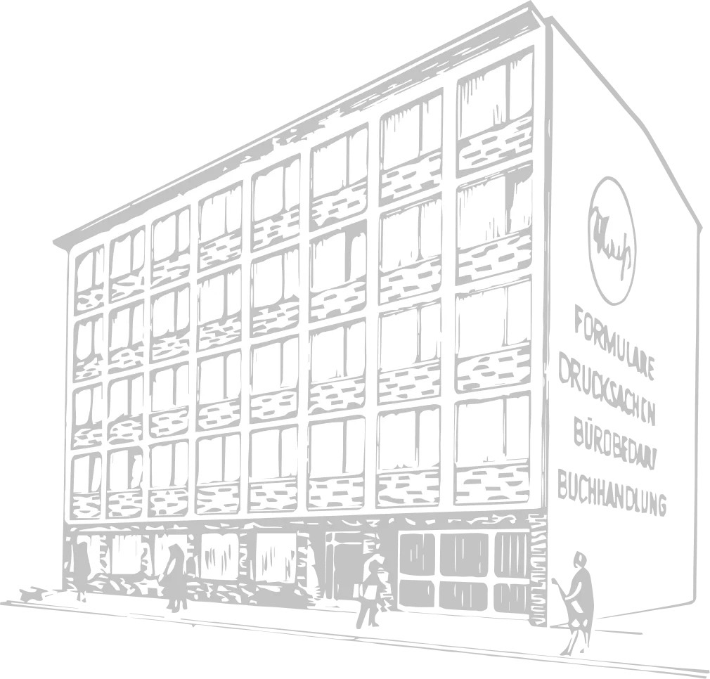 Zeichnung des Maiß-Hauses mit den Schriftzügen Formulare, Drucksachen, Bürobedarf und Buchhandlung